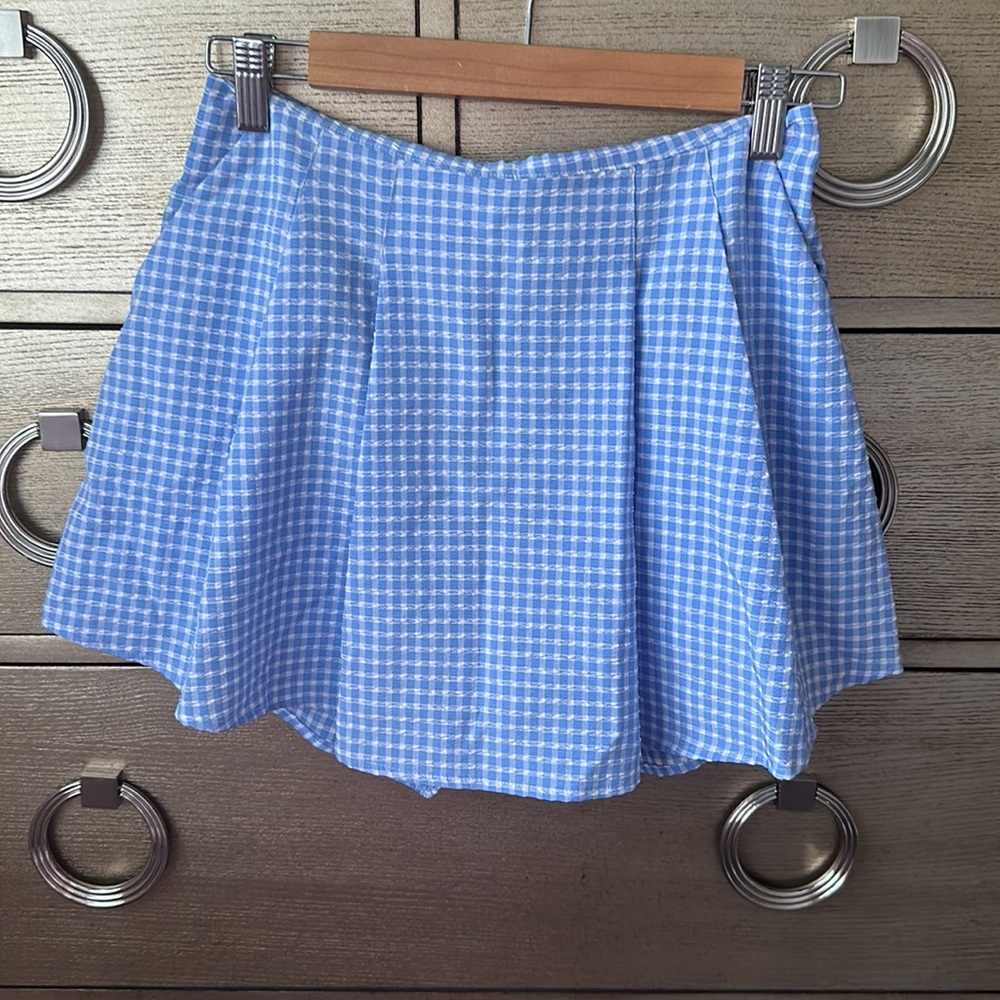 🛍️FINAL SALE🛍️ZARA 2 PCs Blue-White Gingham Crop Top & Pleated Split Skirt/Skort - Picture 5 of 10